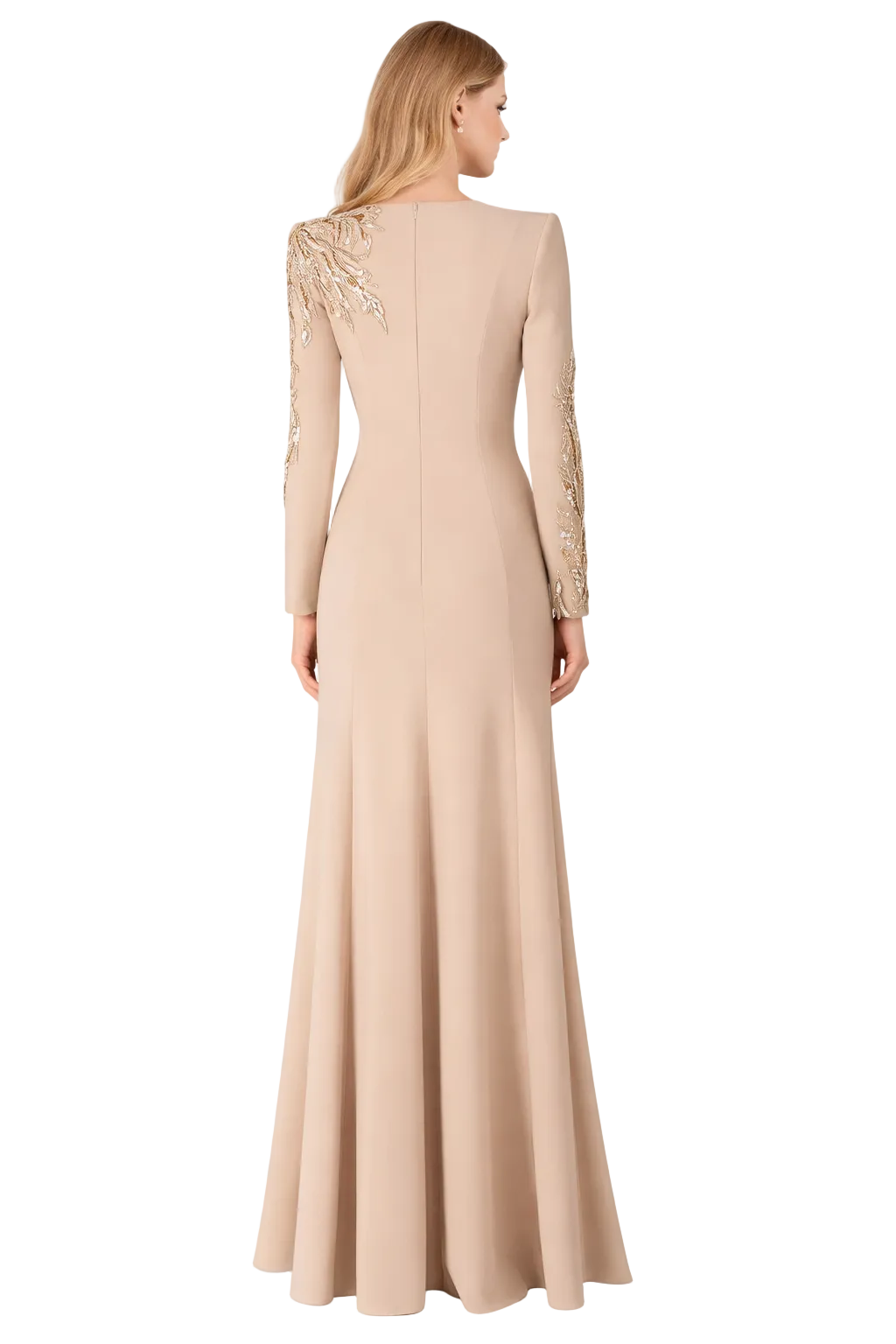 long-sleeve column gown with gold floral embroidery – VALENTIA