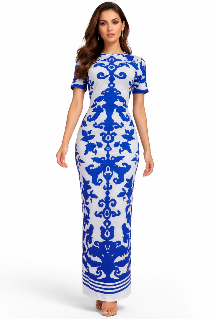 Short-Sleeve Bodycon Maxi Dress with Ornate Print – AZURE