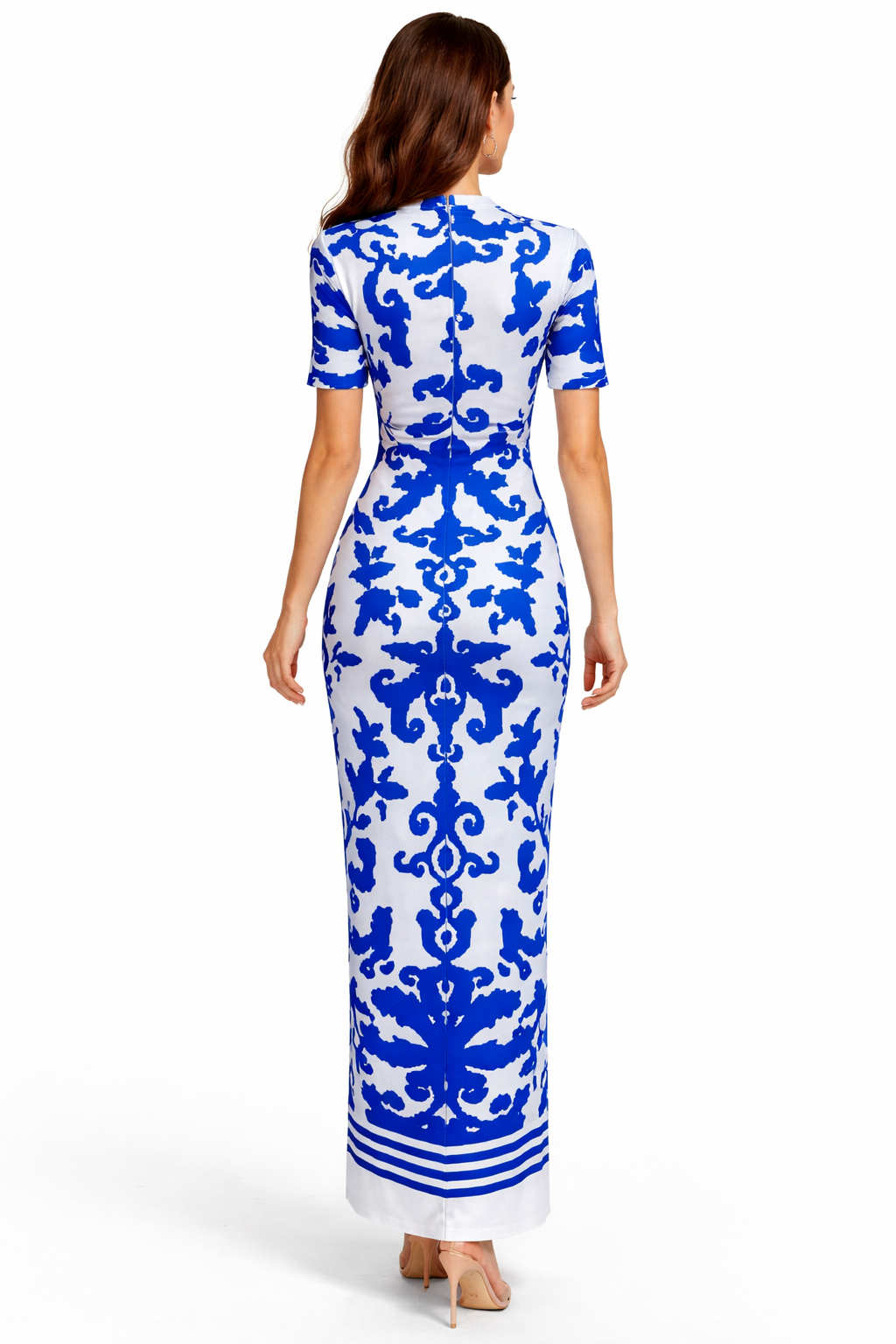 Short-Sleeve Bodycon Maxi Dress with Ornate Print – AZURE