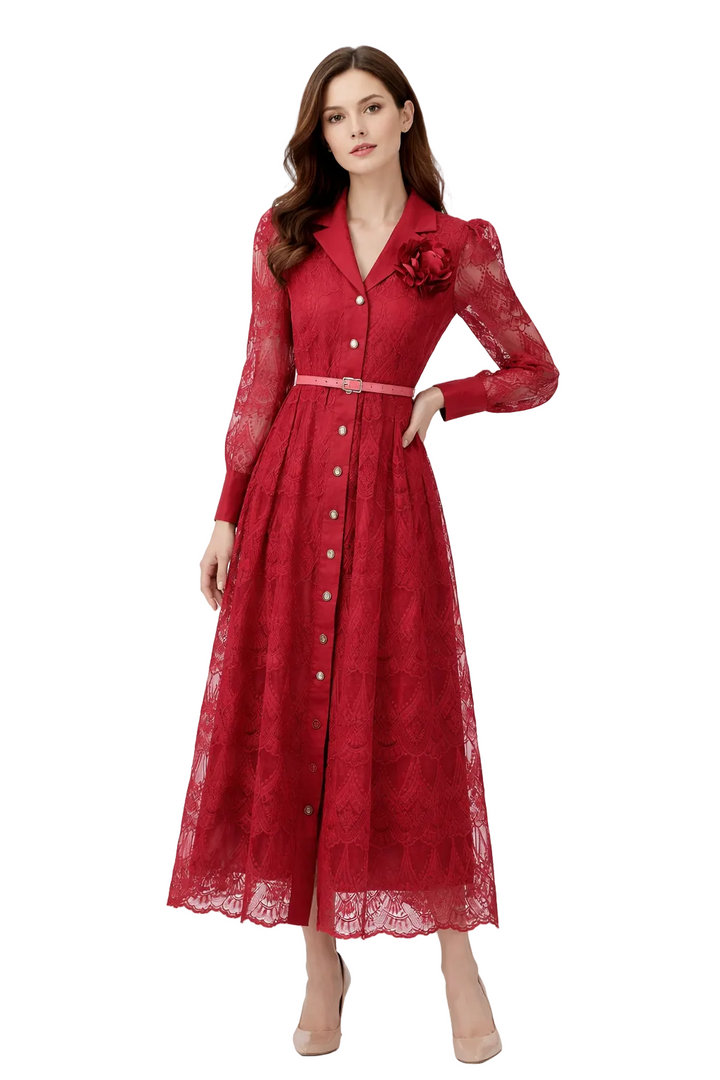 lace button-down midi dress with belt and floral brooch – CRIMSON