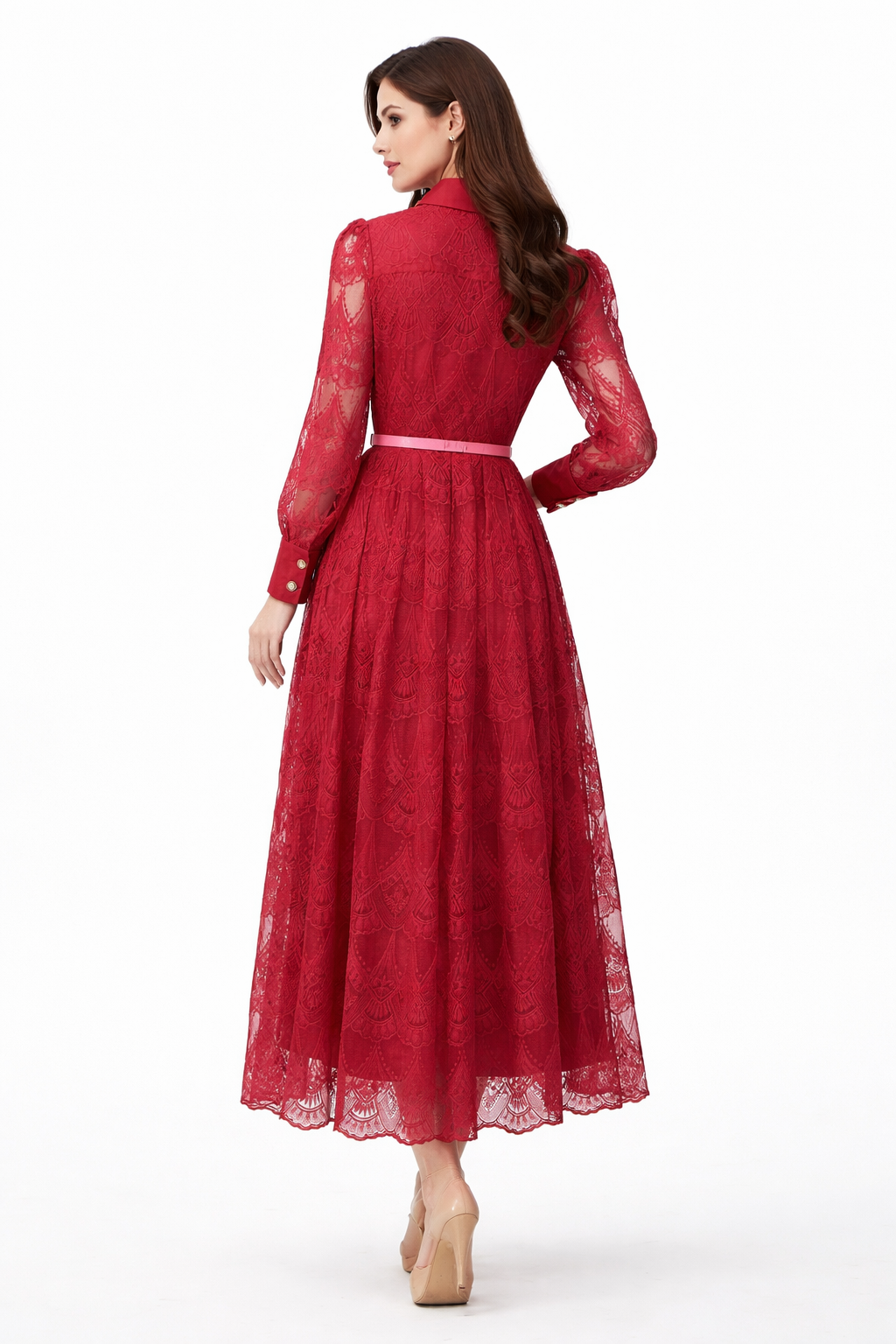 lace button-down midi dress with belt and floral brooch – CRIMSON