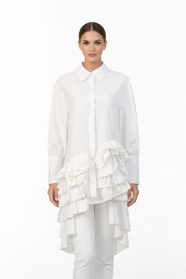 button-down ruffle high-low shirt dress – CASCADE