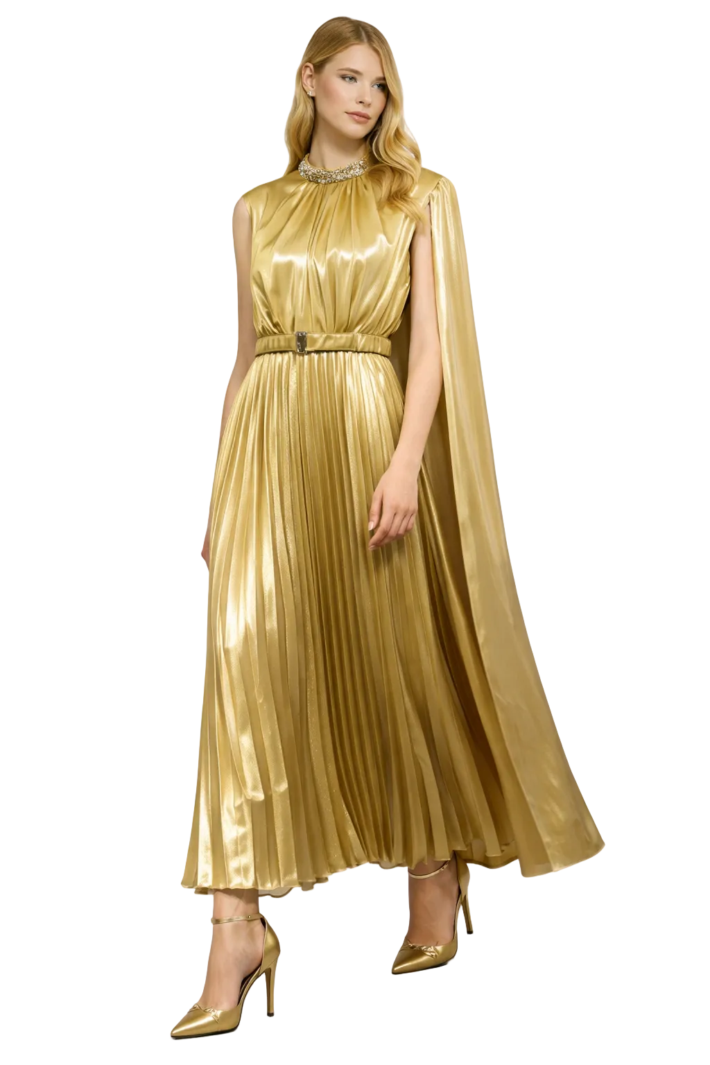 high-neck pleated midi dress with cape sleeves – AURSAL