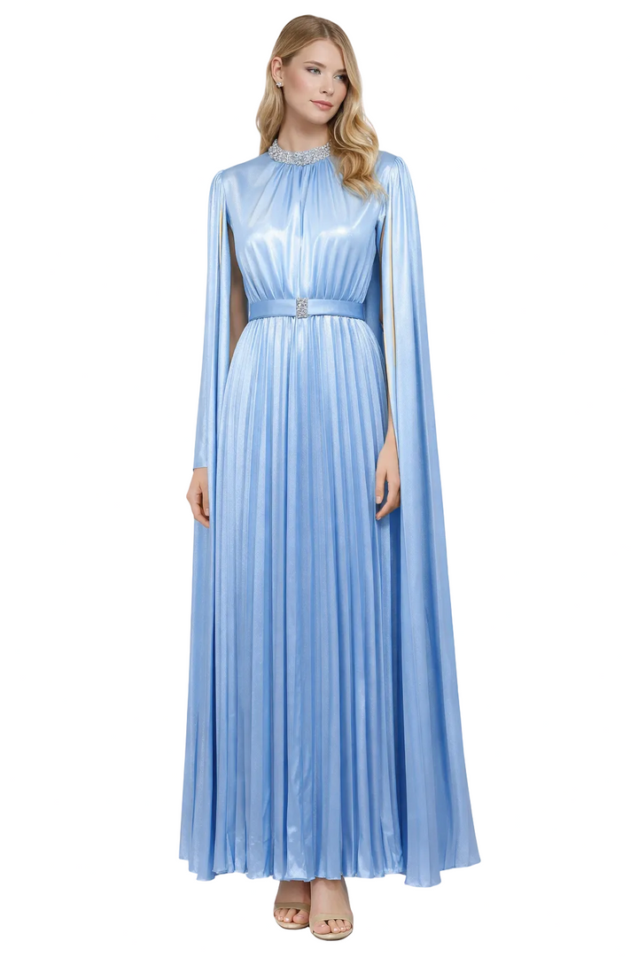 high-neck pleated midi dress with cape sleeves – AURSAL