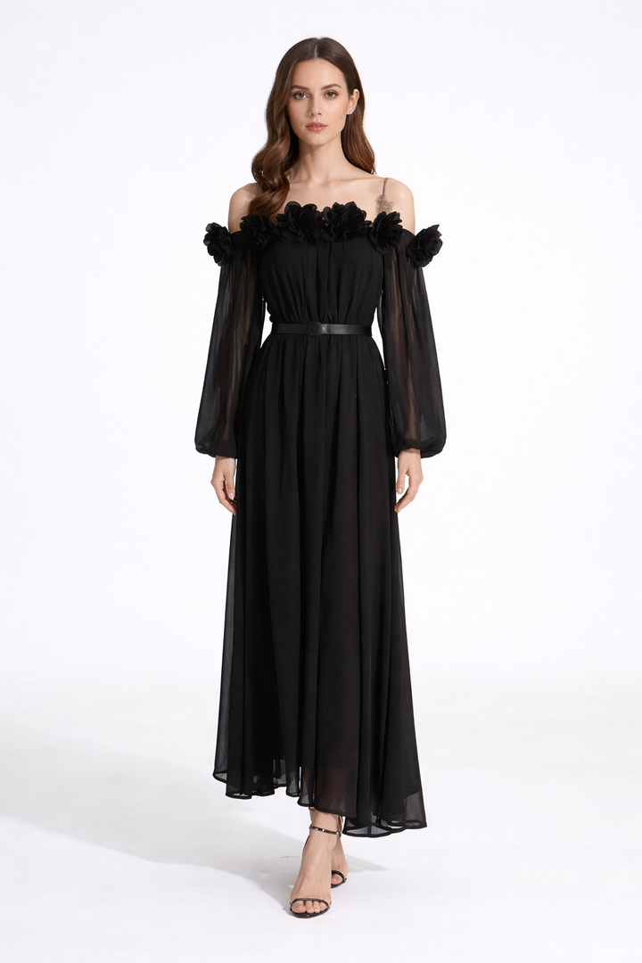 off-shoulder floral chiffon maxi dress with belt – BLOSSOM