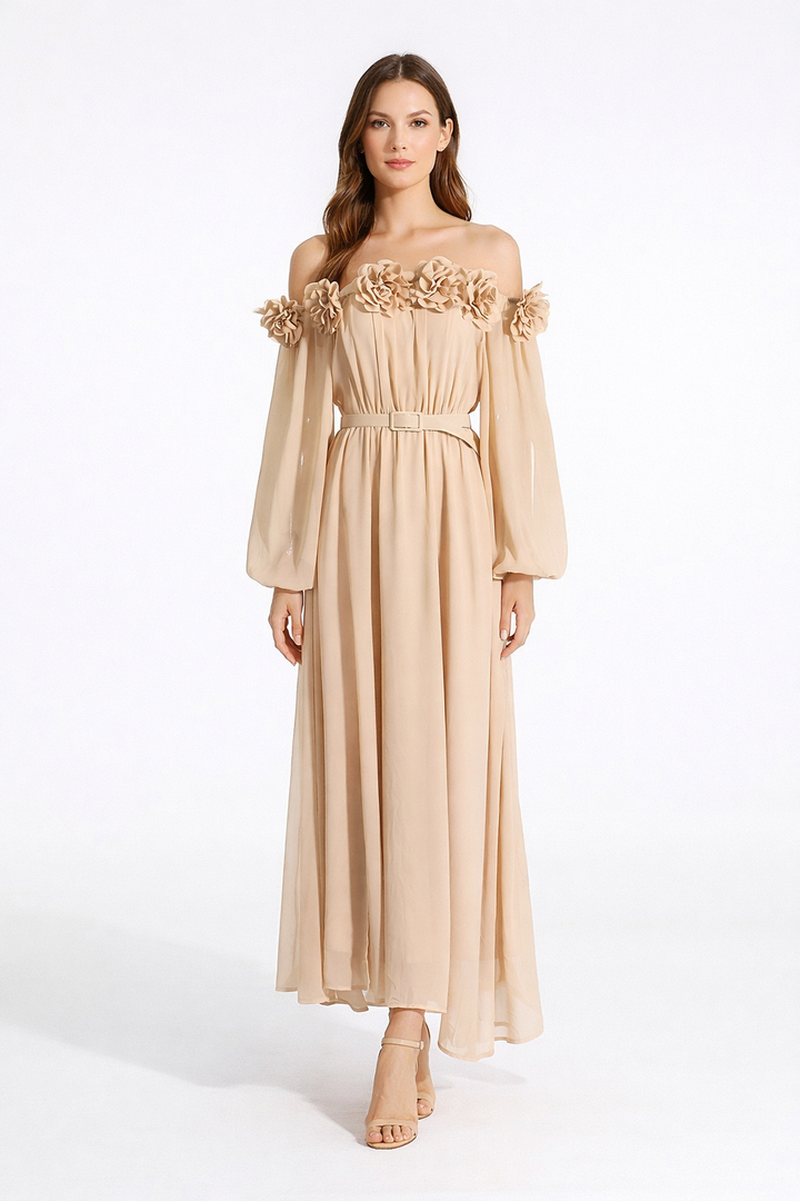 off-shoulder floral chiffon maxi dress with belt – BLOSSOM