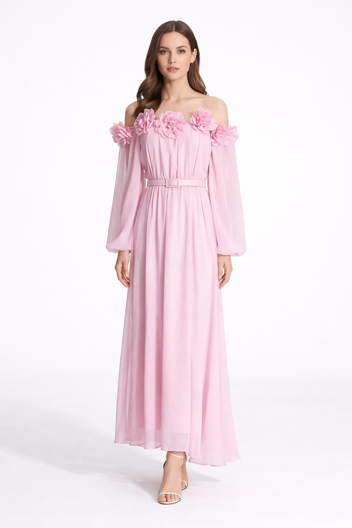 off-shoulder floral chiffon maxi dress with belt – BLOSSOM