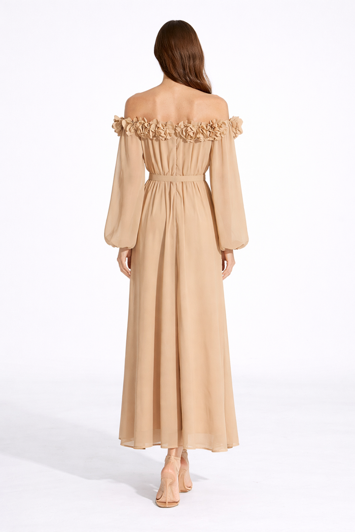 off-shoulder floral chiffon maxi dress with belt – BLOSSOM