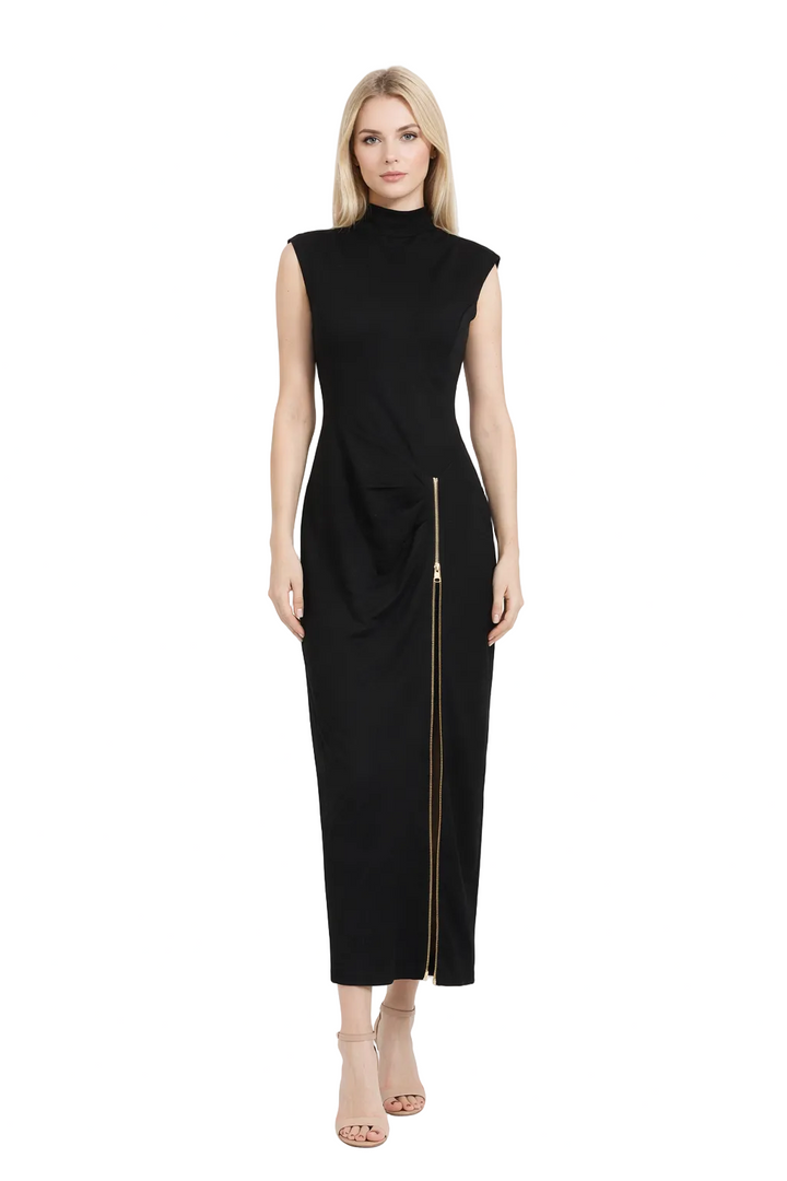 high-neck sleeveless column dress with front zipper – MONROE