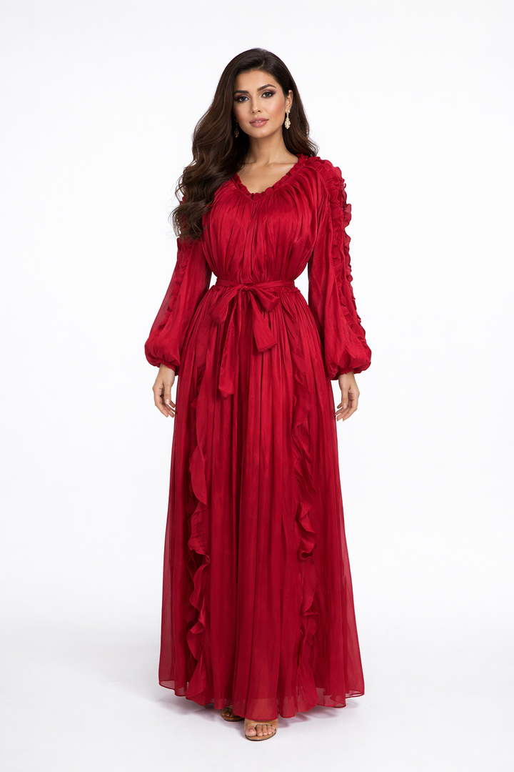 ruffle trim belted chiffon maxi dress – RUBINA