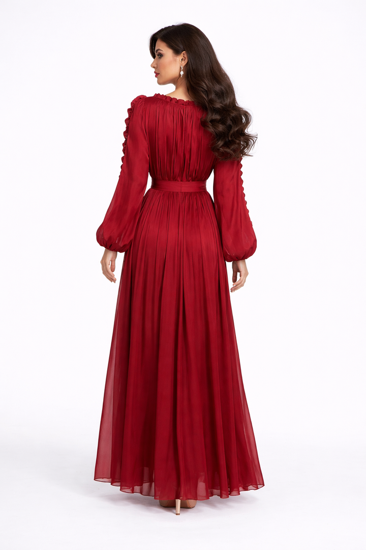 ruffle trim belted chiffon maxi dress – RUBINA
