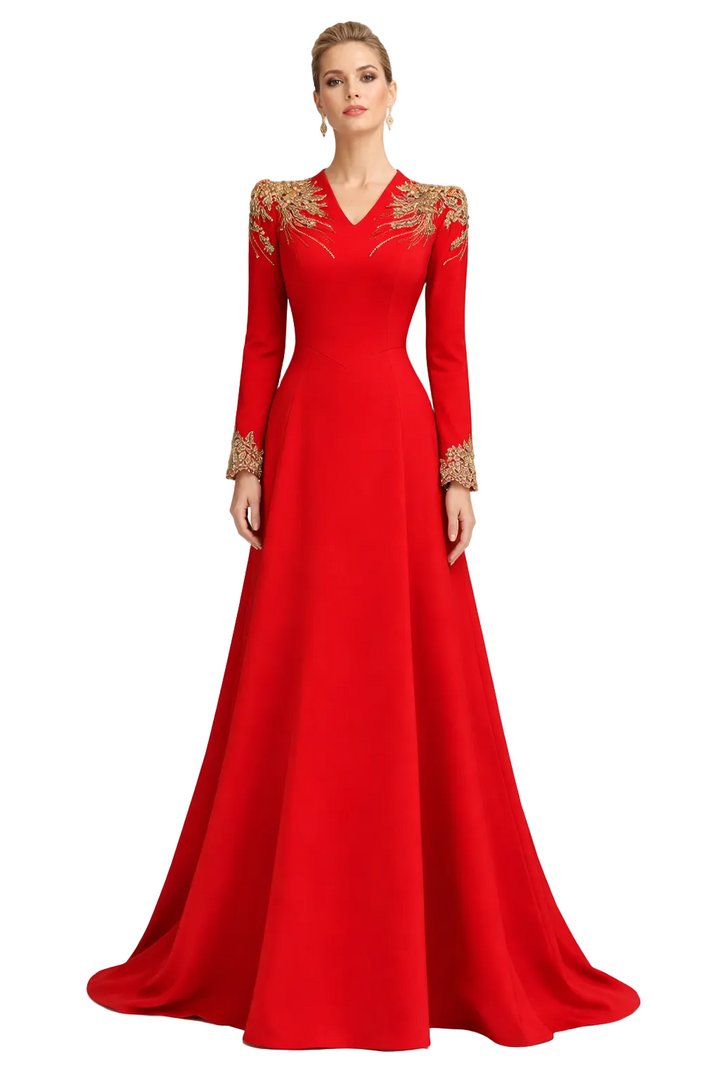 long-sleeve A-line gown with gold embroidered shoulders – RUBY