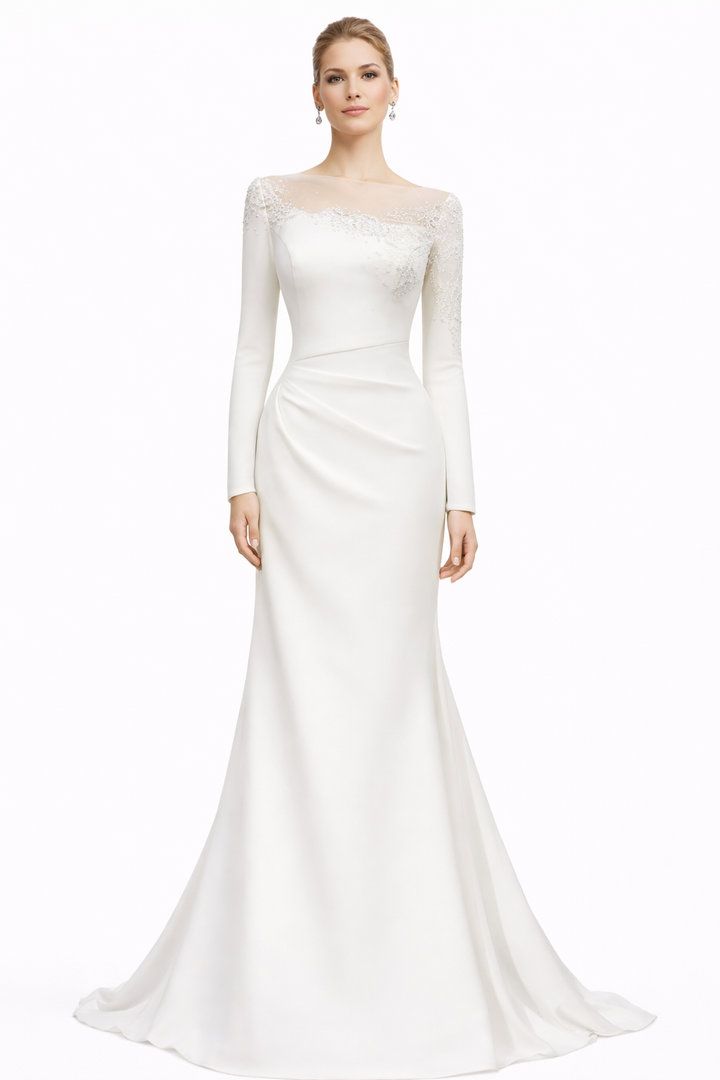 long-sleeve column bridal gown with lace neckline – IVORA
