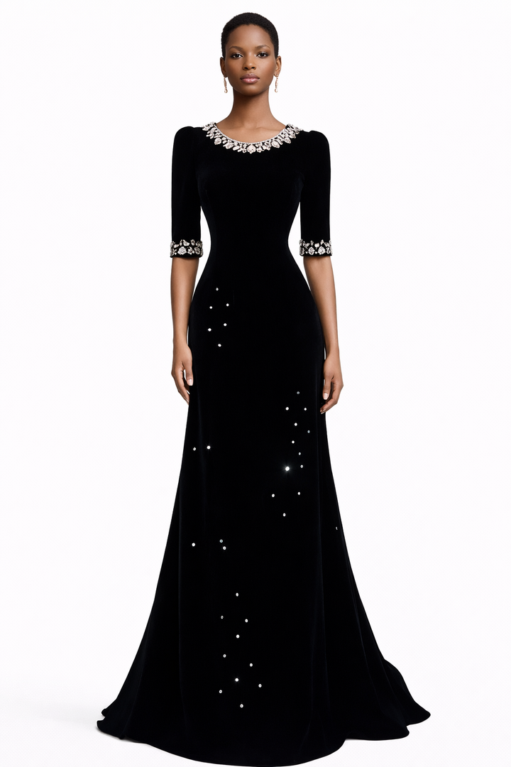 short-sleeve velvet evening gown with pearl neckline – KIARA