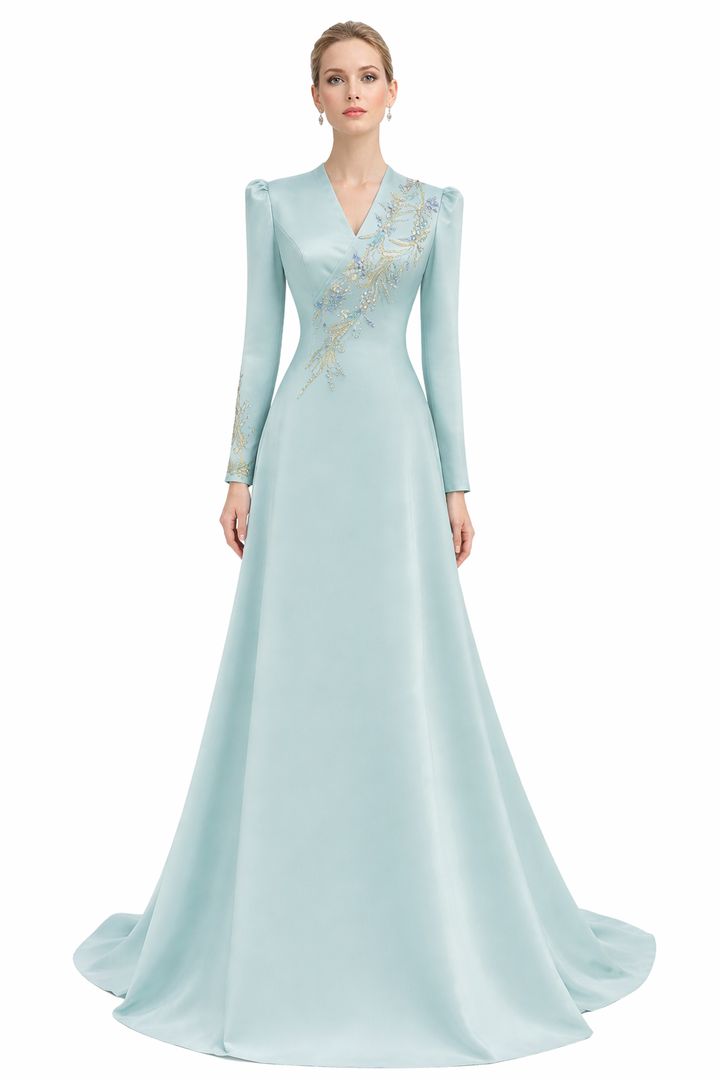 long-sleeve V-neck evening gown with embroidered sash – MINTA