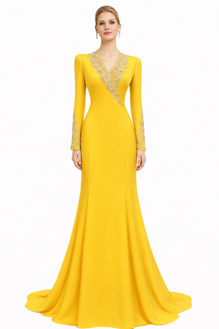 long-sleeve column evening gown with embellished neckline – AURELIA