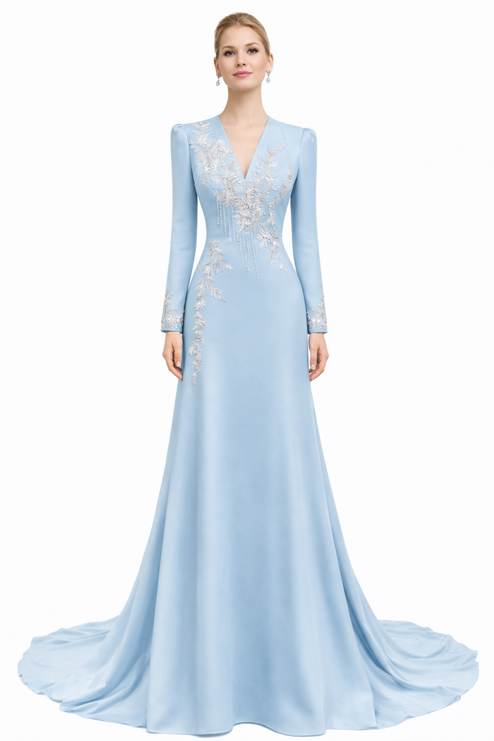 long-sleeve V-neck evening gown with crystal embroidery – SKYRA