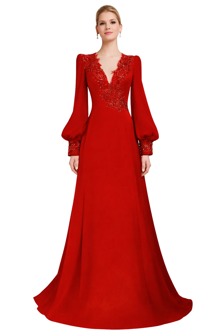 long-sleeve A-line evening gown with embellished V-neck – VALENTINA