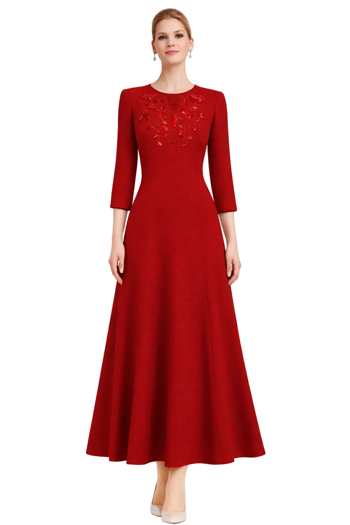 three-quarter sleeve midi evening dress with embellished bodice – BORDEAUX