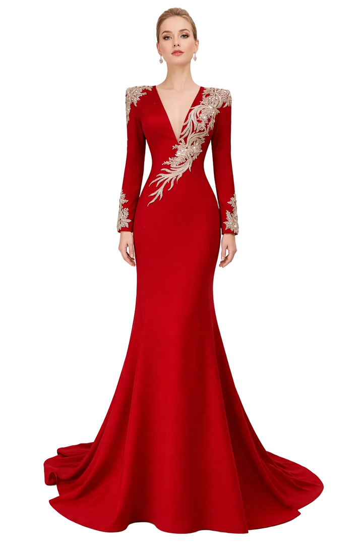 long-sleeve mermaid evening gown with sculpted embroidery – REGINA