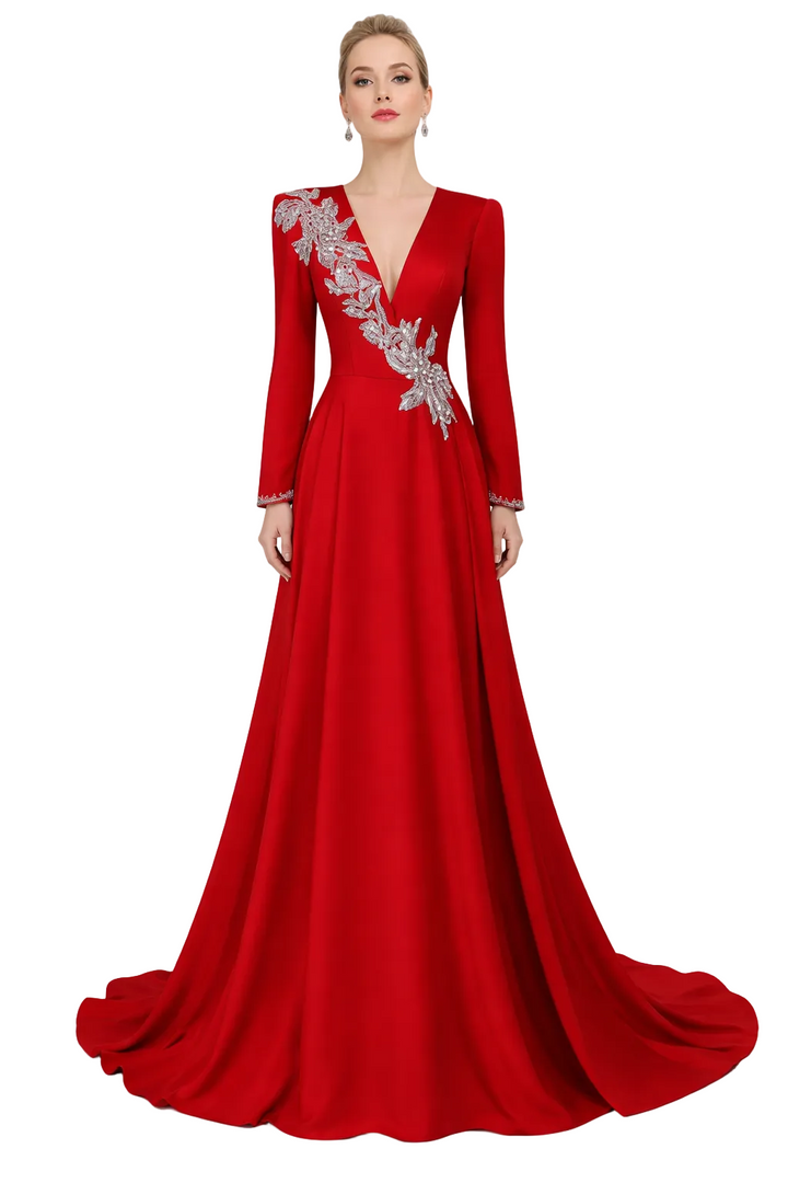 long-sleeve A-line evening gown with silver leaf embroidery – IMPERIA