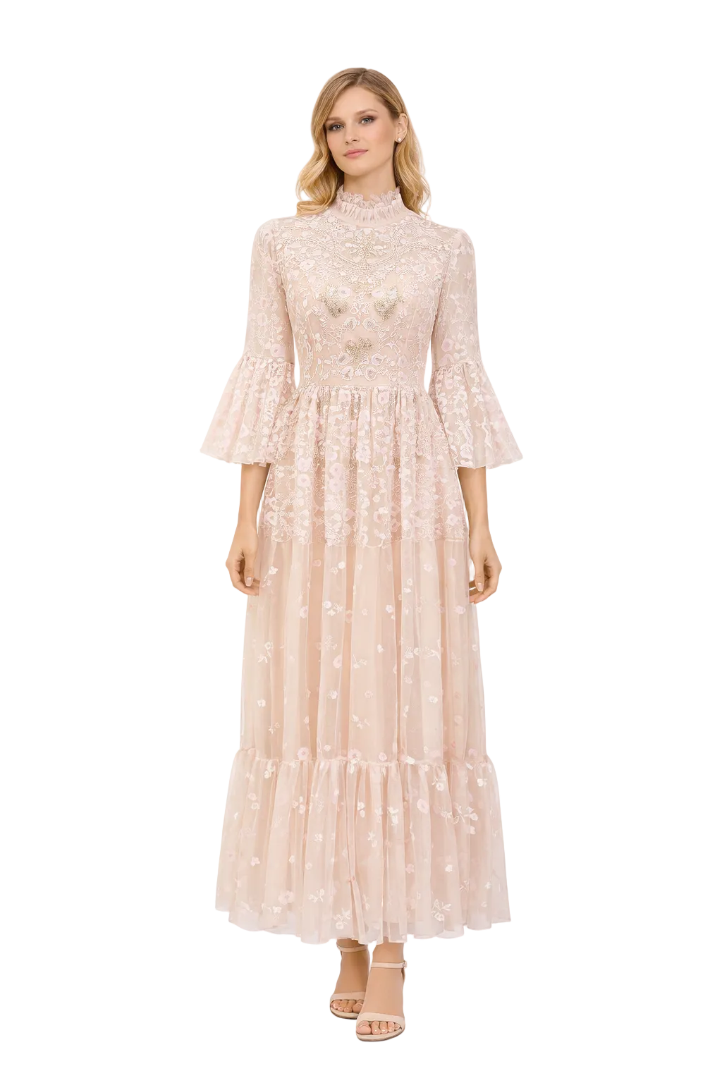 embroidered tulle maxi dress with flared sleeves – BLUSHÉ