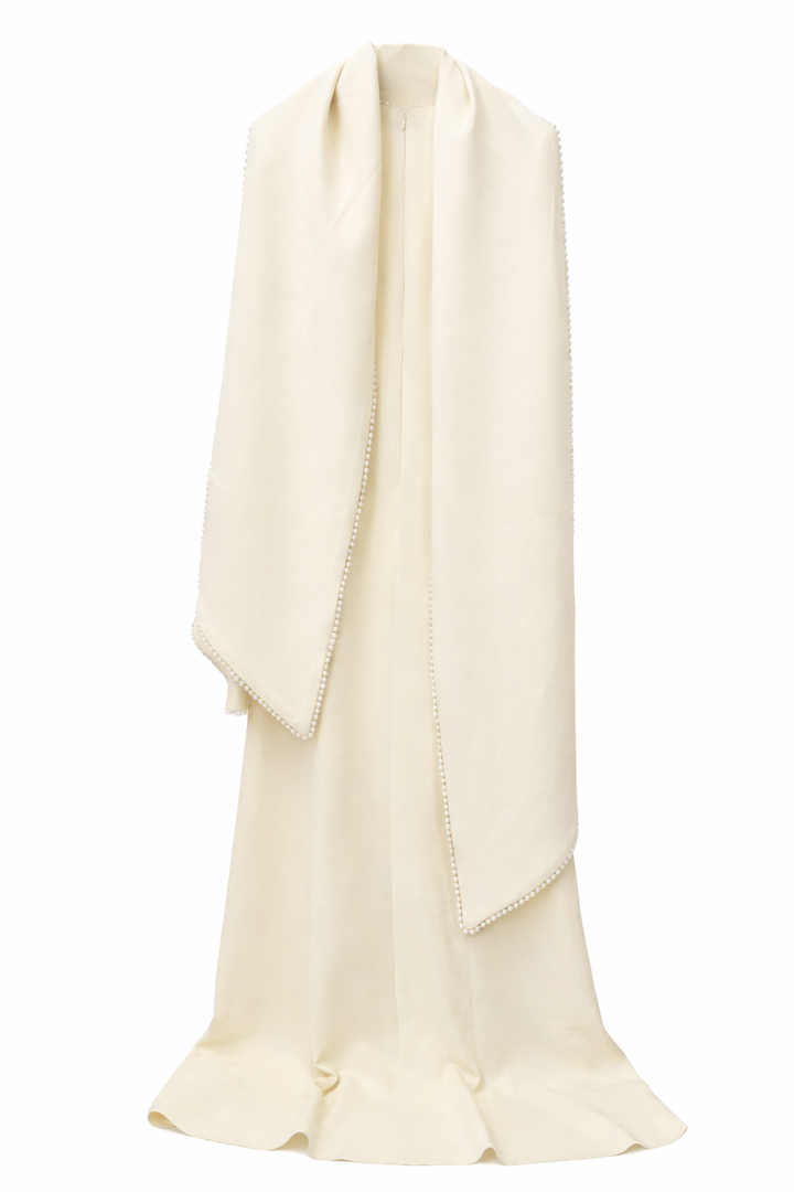 Long-Sleeve Column Dress with Pearl-Trimmed Cape Detail – SAGE