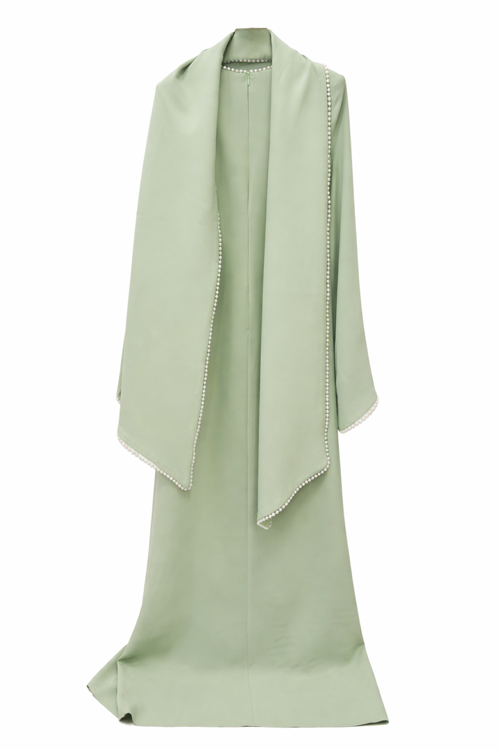 Long-Sleeve Column Dress with Pearl-Trimmed Cape Detail – SAGE