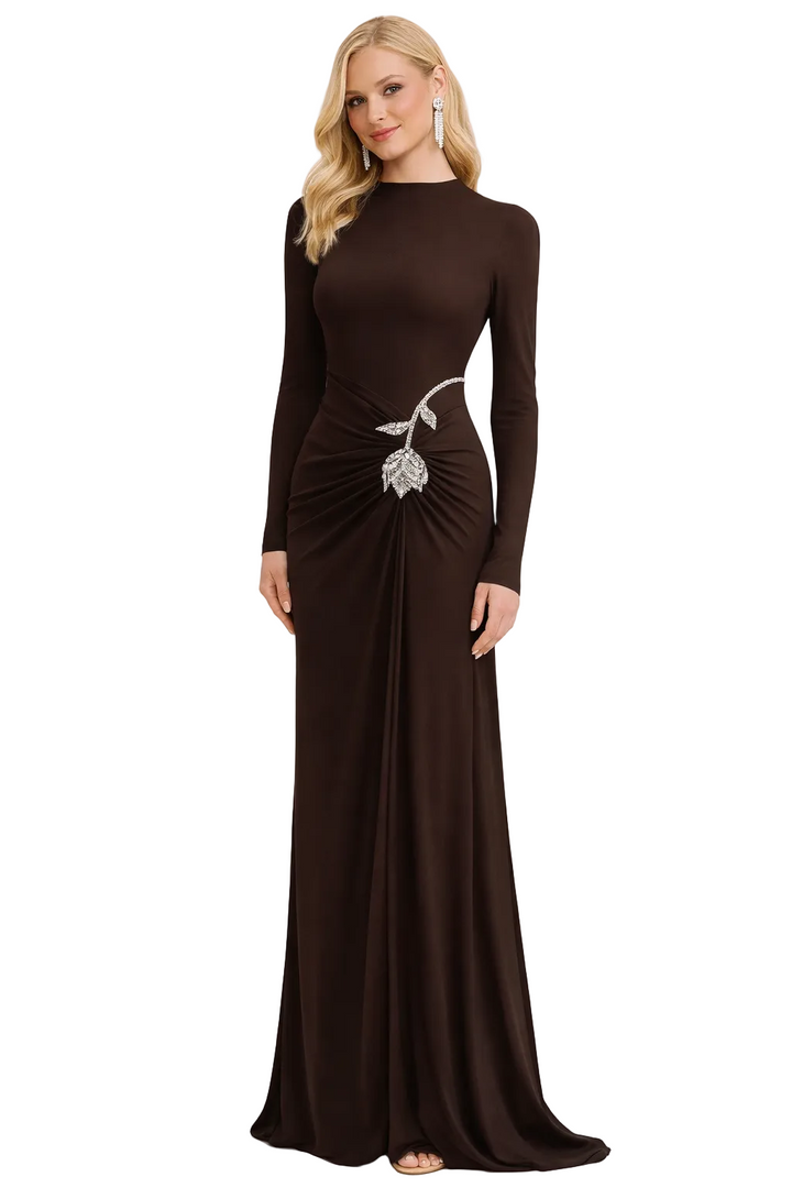 long sleeve ruched waist gown with crystal brooch – EMPRESS