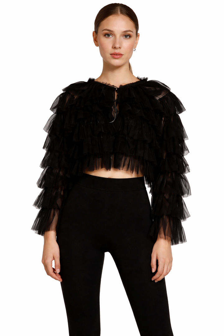ruffled sheer cropped top with layered tulle sleeves – NOIRIS