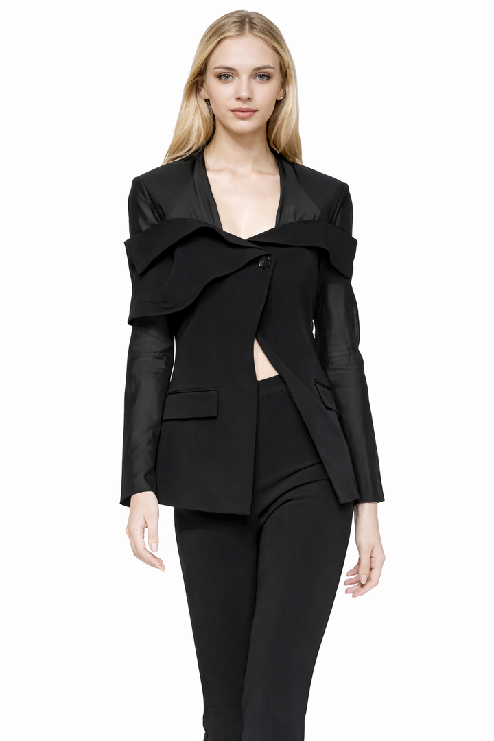 off-shoulder blazer with sheer sleeves – VELORA