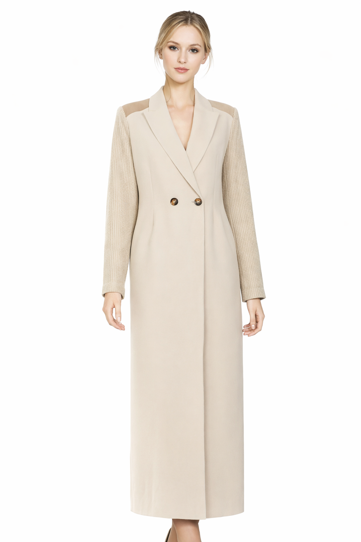 double-breasted long blazer coat with textured sleeves – ELIORA