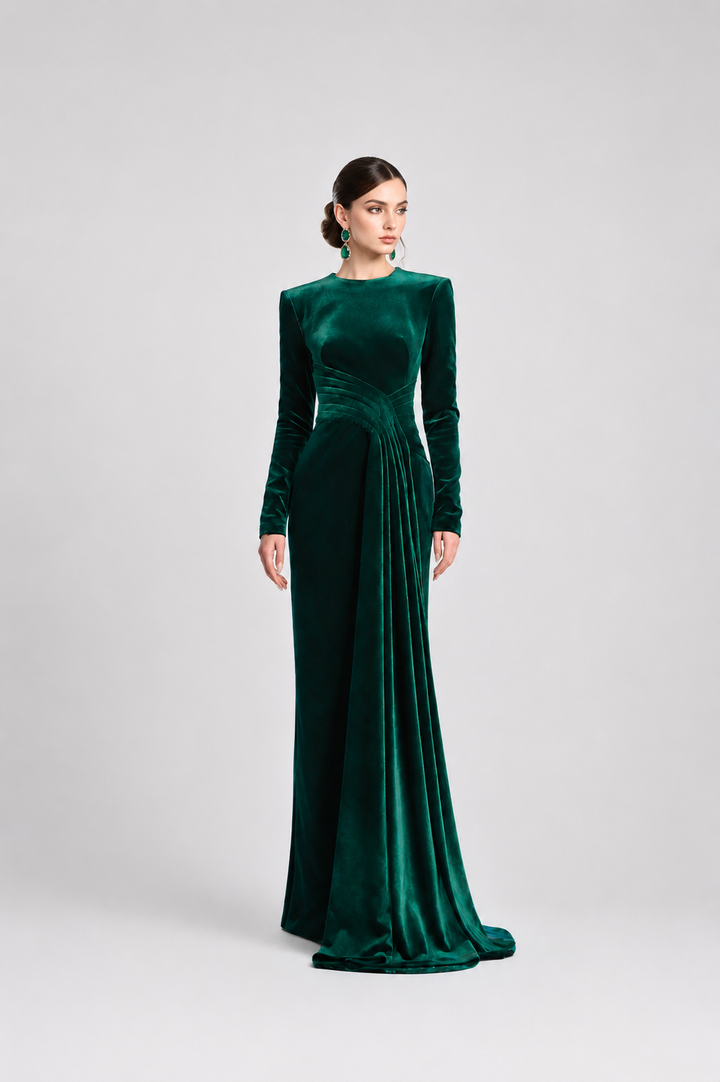 Long-sleeve velvet gown with draped waist – ENERALS