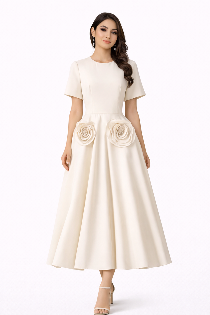 Short-Sleeve A-Line Maxi Dress with Floral Waist Appliqués – LUMINA