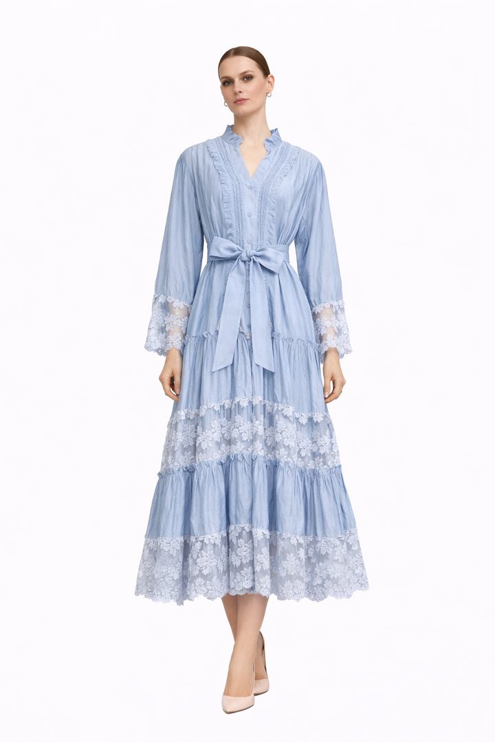 lace-trim tiered midi dress with tie waist – CELESTE