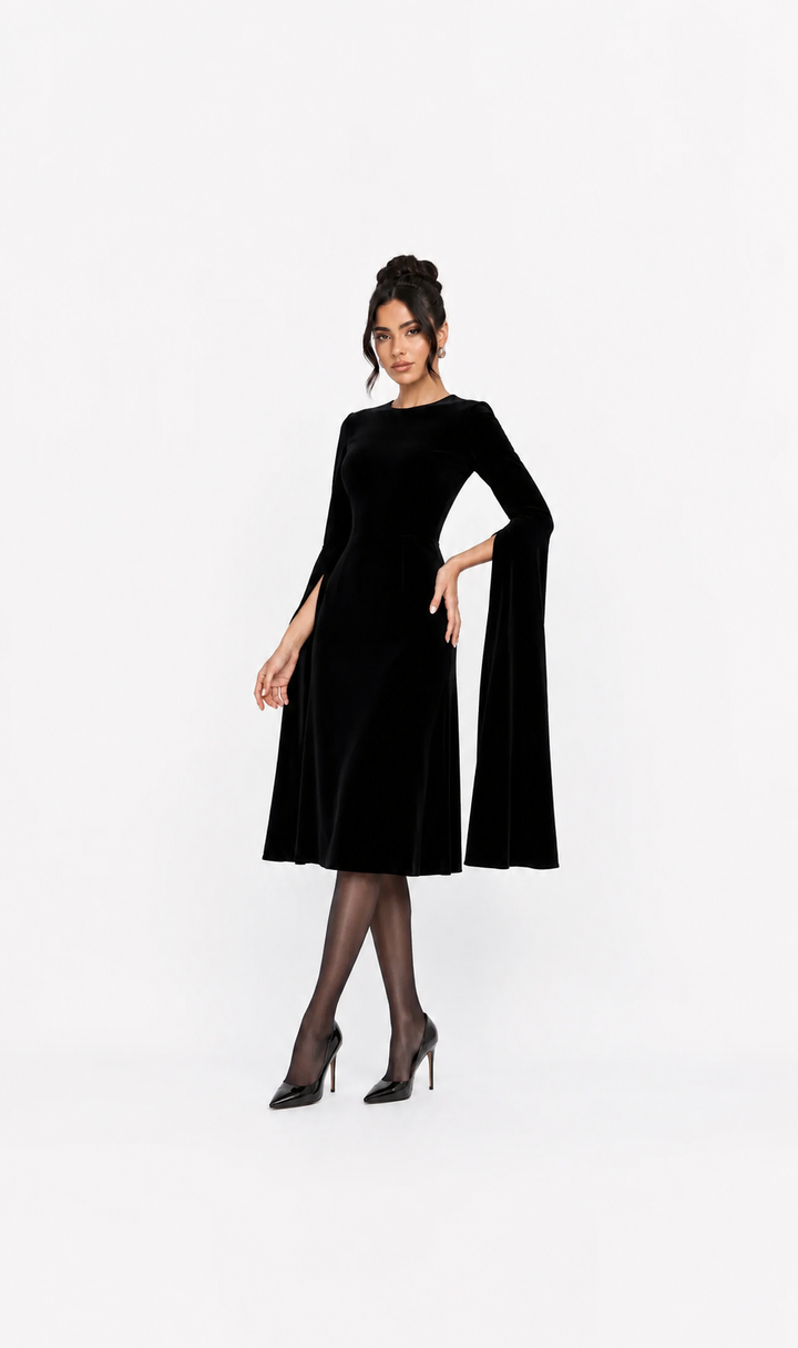 Cape-Sleeve Velvet Midi Dress – Noir