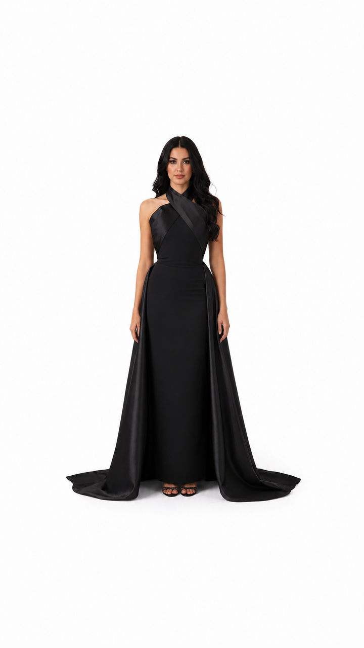 Black Cross Halter Cape Evening Gown – ELVIRE