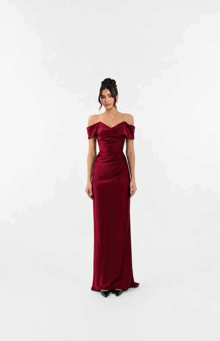 Black Off-Shoulder Satin Evening Gown – VERA