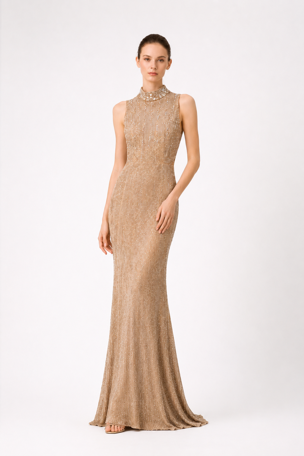 sleeveless high neck sequin maxi dress with draped hem – AURELIA