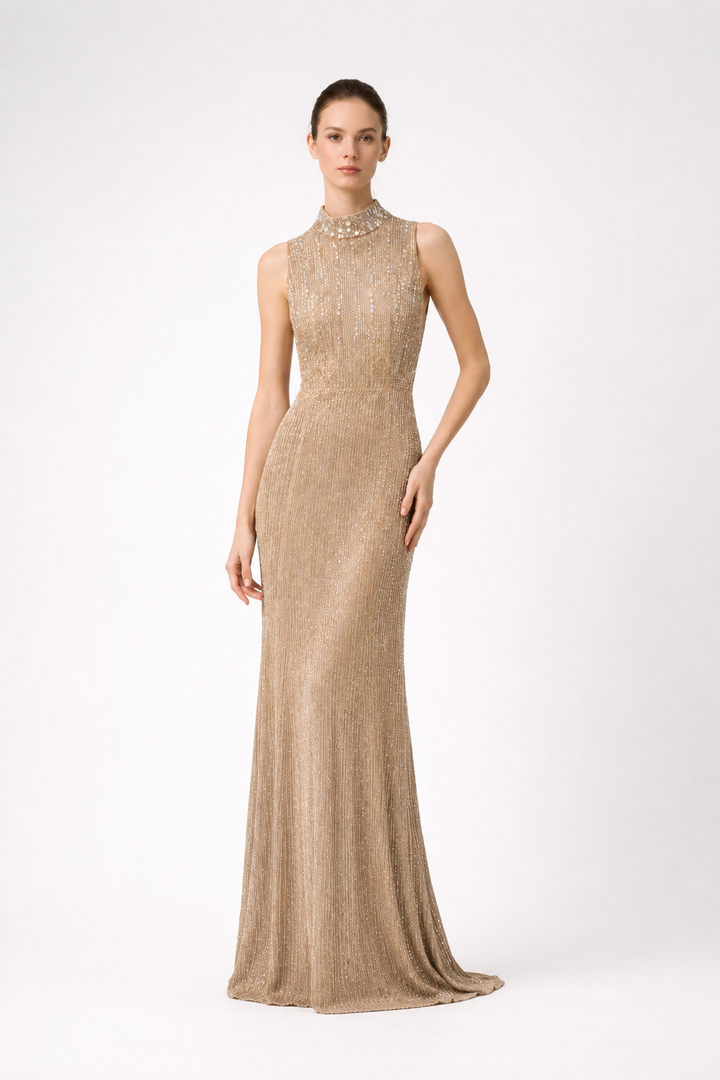 sleeveless high neck sequin maxi dress with draped hem – AURELIA