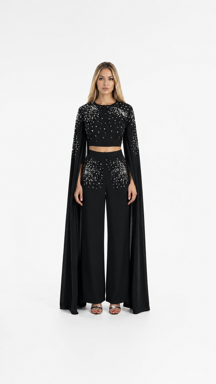 Black Crystal Embellished Cape Two-Piece Set – CELESTIA