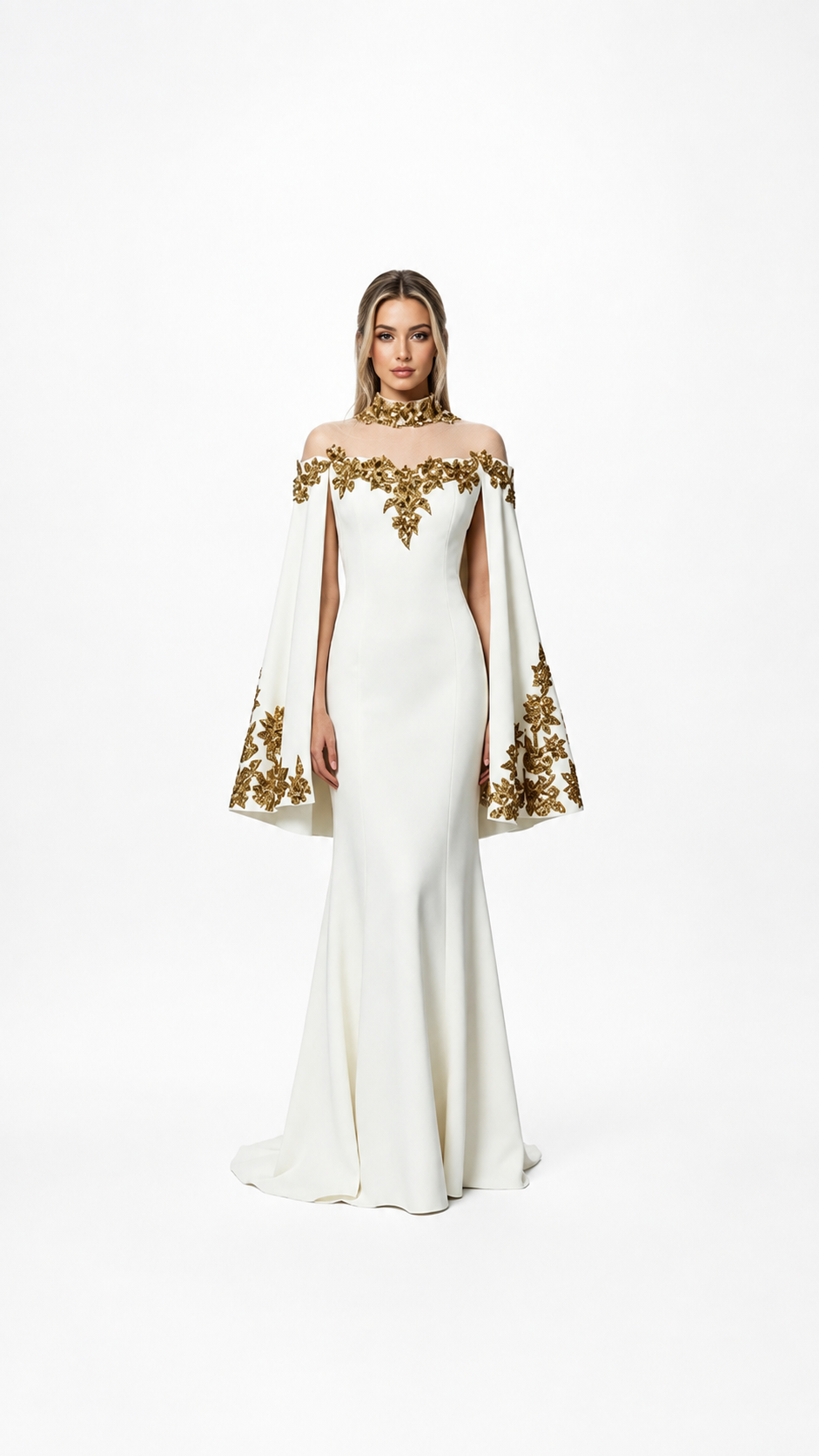 White & Gold Embellished Modest Evening Dress - Majesty