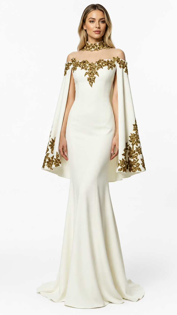 White & Gold Embellished Modest Evening Dress - Majesty
