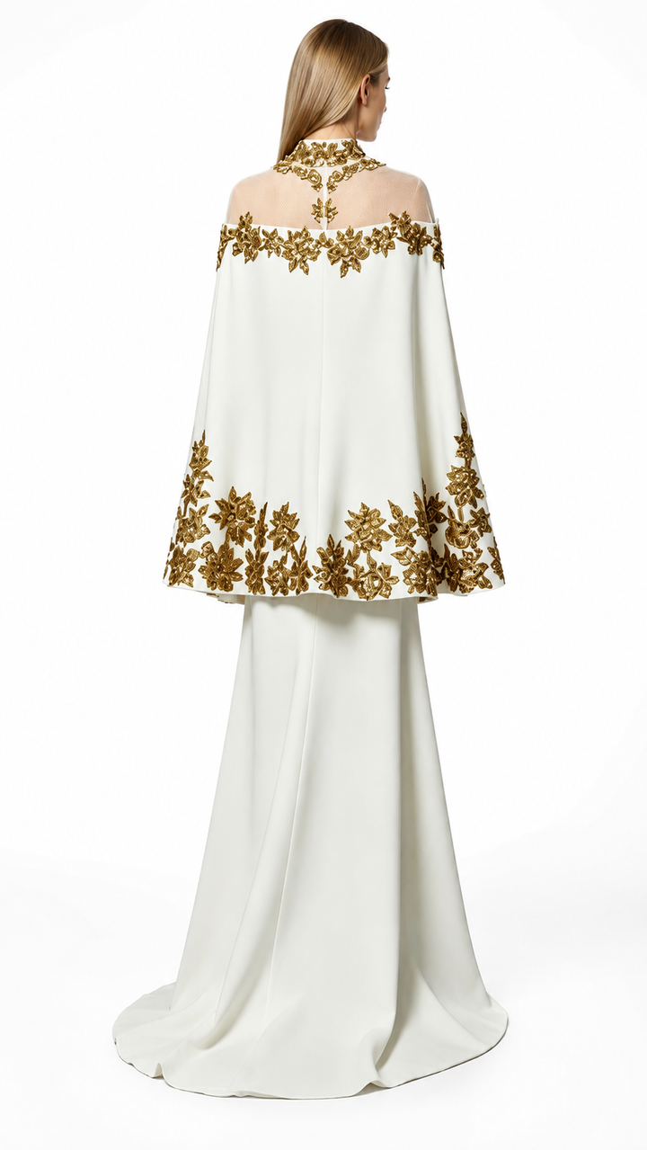 White & Gold Embellished Modest Evening Dress - Majesty
