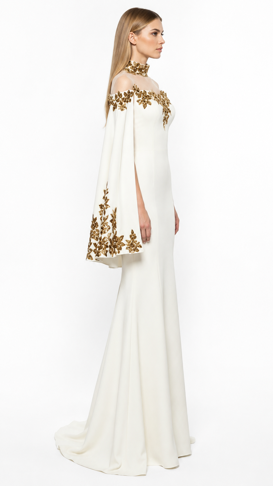 White & Gold Embellished Modest Evening Dress - Majesty