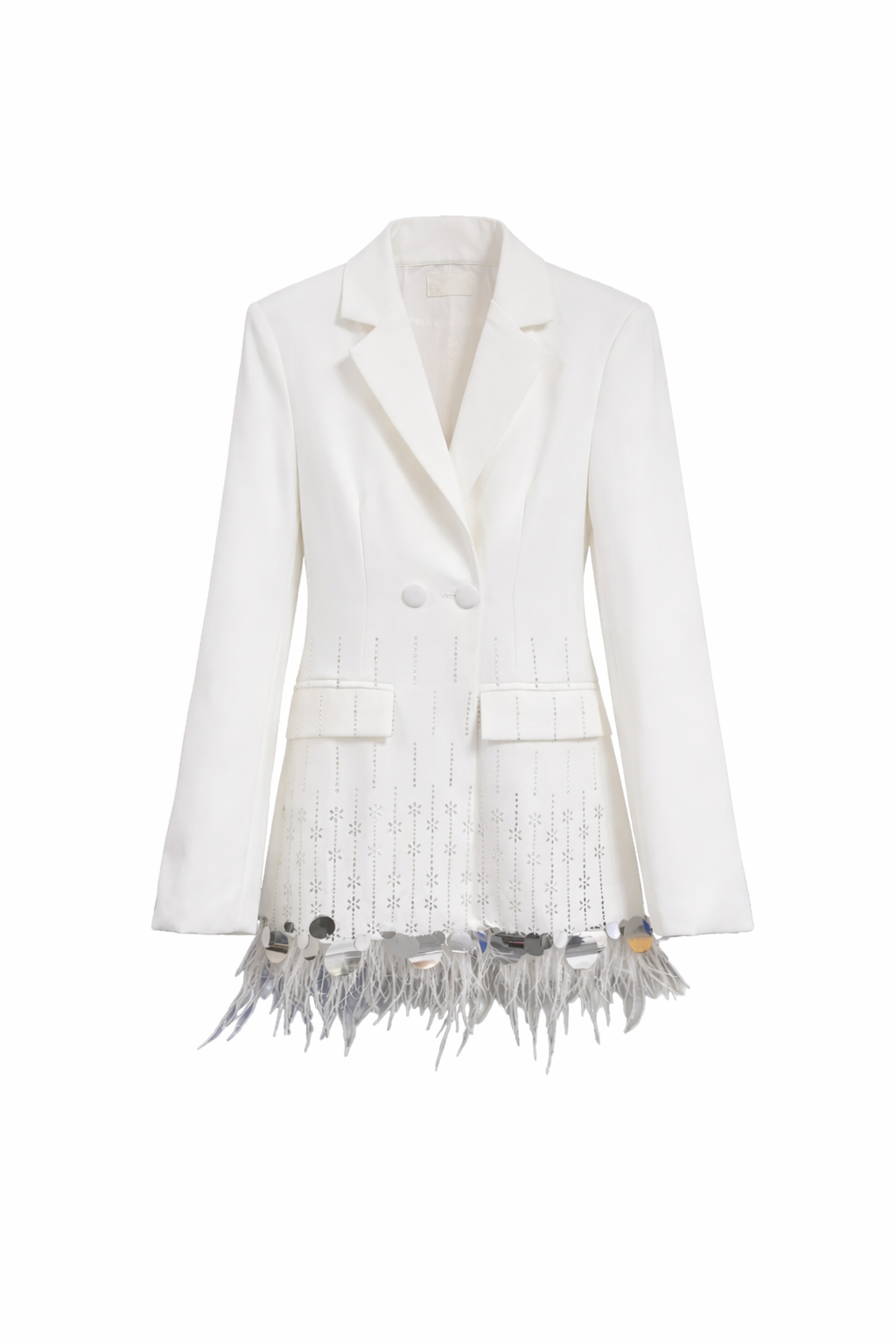 long sleeve tailored blazer with feather hem and crystal detailing – GLOW
