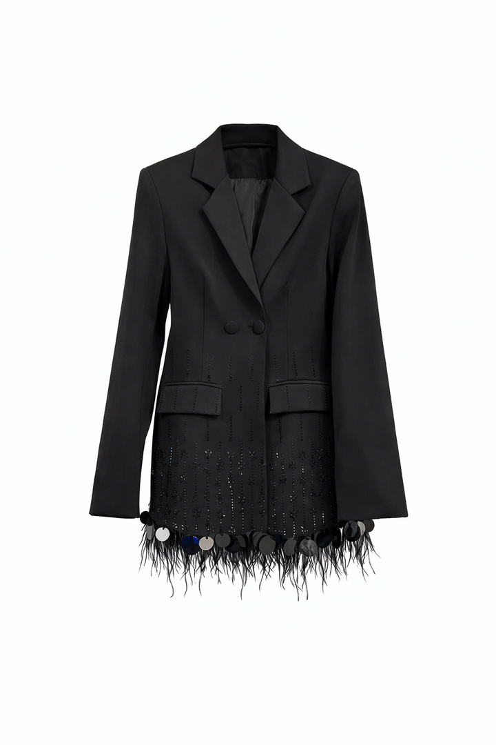 long sleeve tailored blazer with feather hem and crystal detailing – GLOW