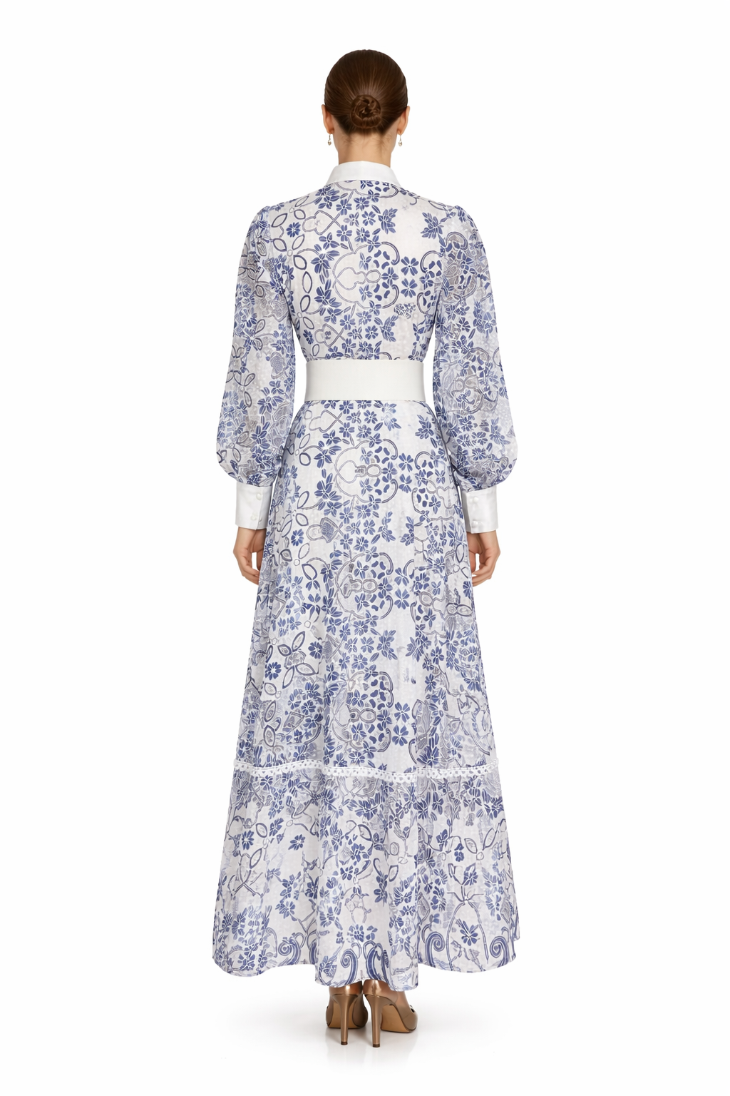 long sleeve printed midi shirt dress with double buckle belt – AZURE