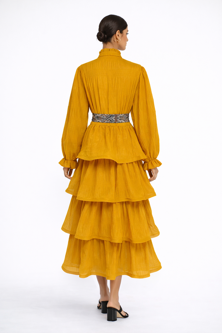 long sleeve tiered chiffon dress with waist tie – MIST