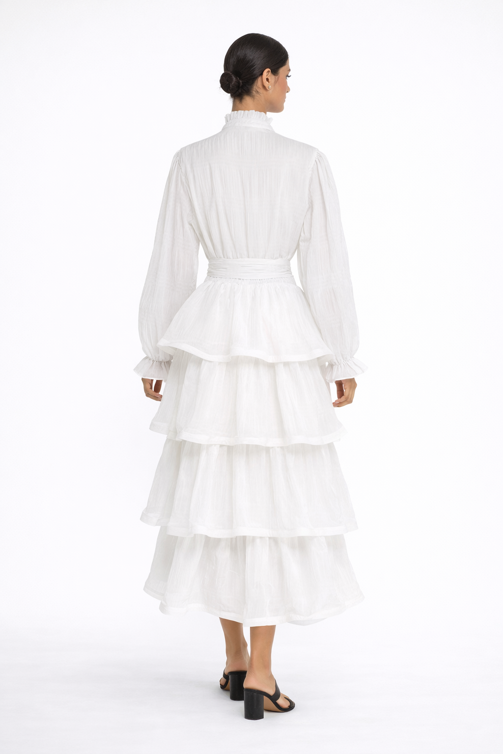 long sleeve tiered chiffon dress with waist tie – MIST